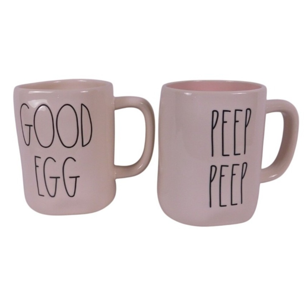 RAE DUNN Set of 2 Ceramic Coffee mugs Good Egg/Bad Egg‎ Mug and Peep Peep H8-177